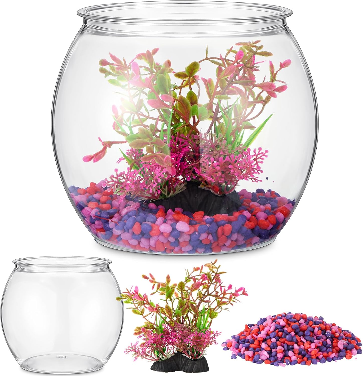 Nomoreef 1 Gallon Clear Plastic Fish Tank with Artificial Plants & Gravel, Round Betta Goldfish Bowl